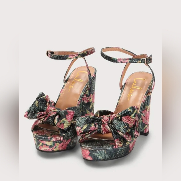 Lilsa Black Floral Metallic Bow Platform Ankle Strap Heels 9, NEW in Box - Picture 5 of 6